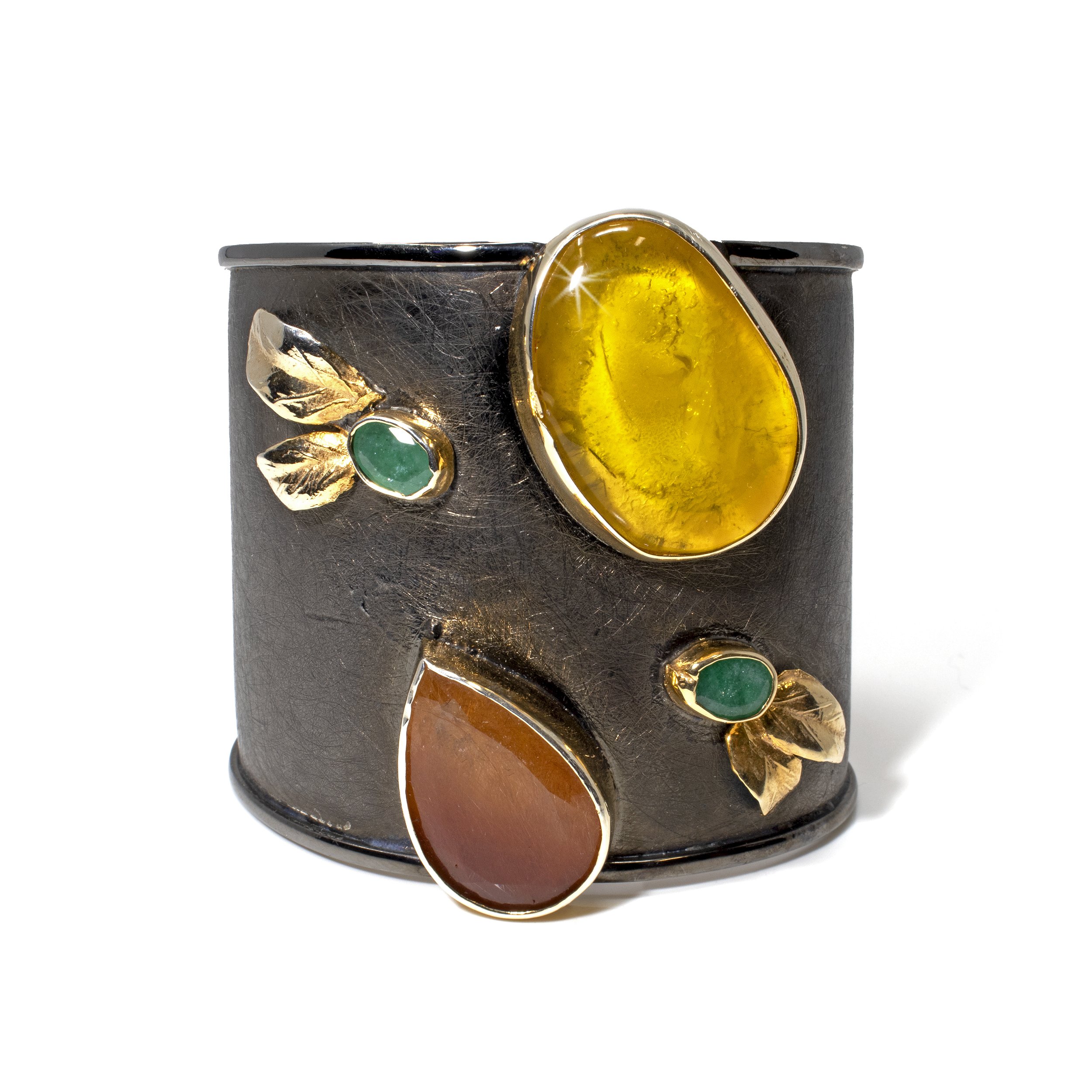 Butterscotch Amber Cuff Bracelet- Freeform Cabochon With Faceted Golden Rutile Pear & 2 Faceted Emerald Ovals Set On Oxidized Sterling Silver Cuff With Gold Vermeil Bezels & Leaves