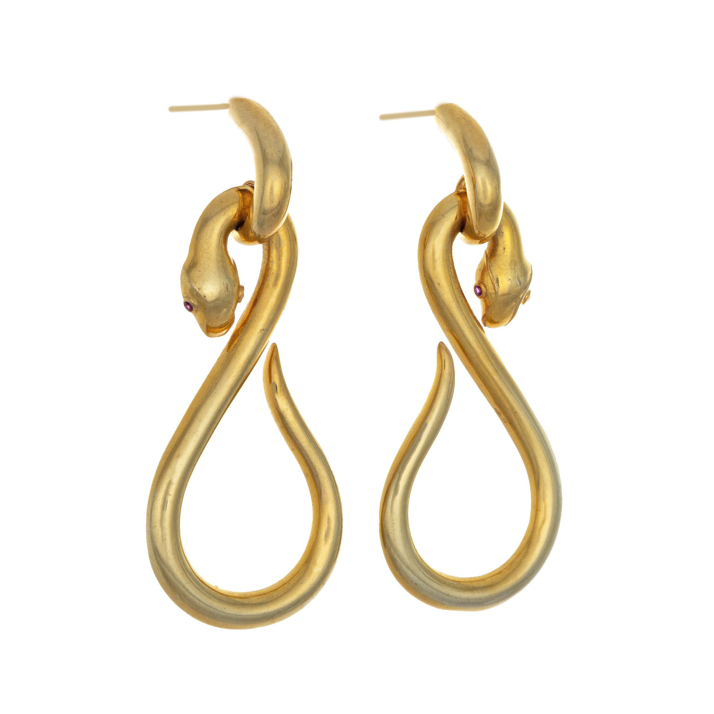 Gold Vermeil Snake Dangle Earrings On-post - 925 Armasa Silver Curling Snake With Magenta Crystal Eyes - Full Gold Vermeil Finish & Huggee Post