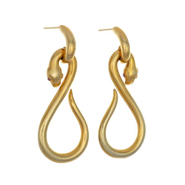 Closeup photo of Gold Vermeil Snake Dangle Earrings On-post - 925 Armasa Silver Curling Snake With Magenta Crystal Eyes - Full Gold Vermeil Finish & Huggee Post
