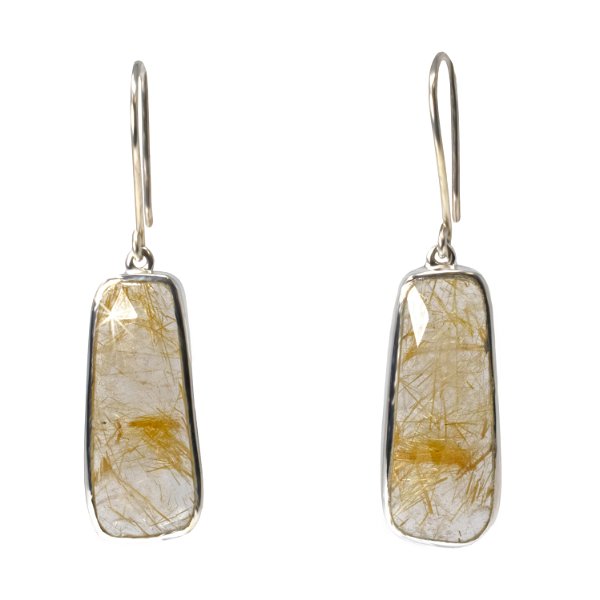 Closeup photo of Golden Rutilated Quartz Dangle Earrings - Faceted Elongated Rectangle With Silver Bezel