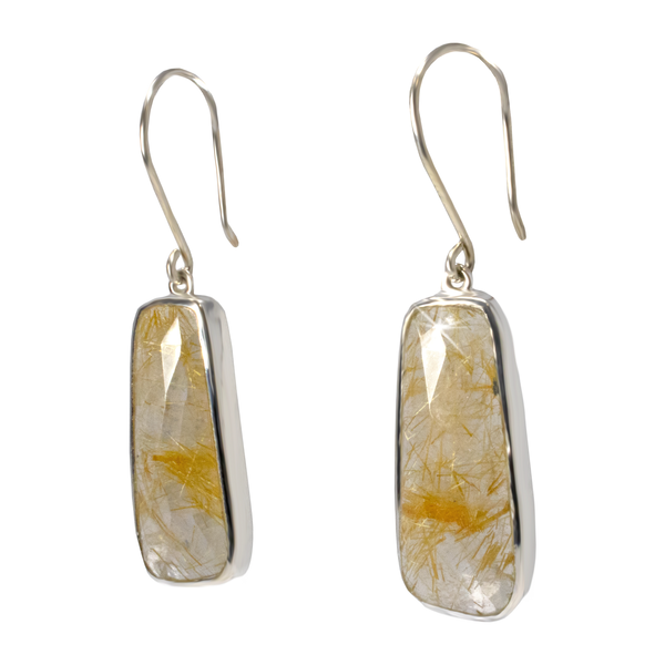 Closeup photo of Golden Rutilated Quartz Dangle Earrings - Faceted Elongated Rectangle with Silver Bezel