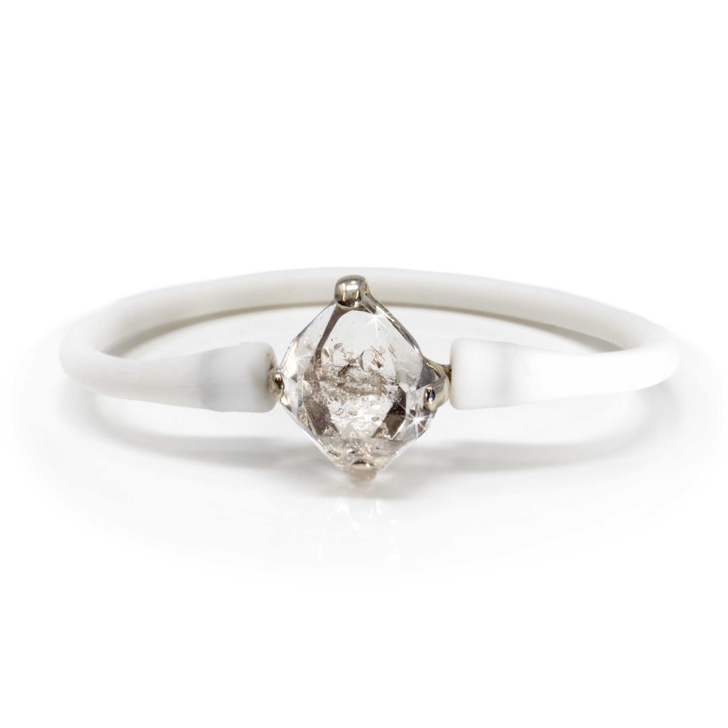 Herkimer Diamond Bangle Bracelet - Prong Set Terminated Crystal Set On White Silicone Band