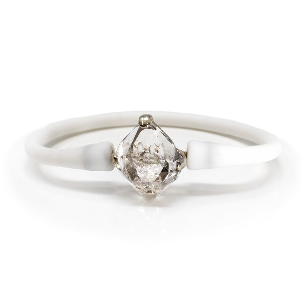 Closeup photo of Herkimer Diamond Bangle Bracelet - Prong Set Terminated Crystal Set On White Silicone Band