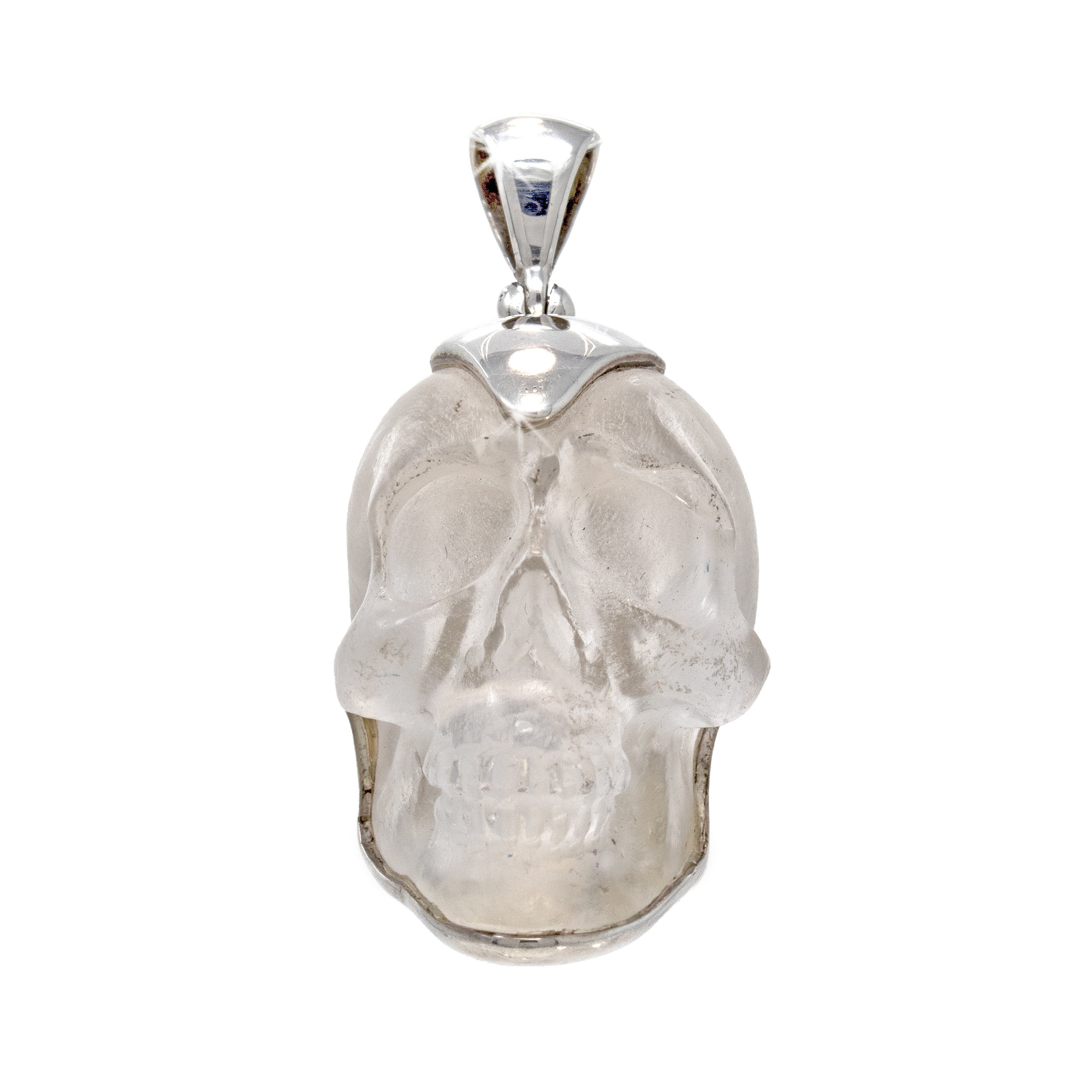 Quartz Skull Pendant - Ornately Carved Skull Set In Sterling Silver Setting