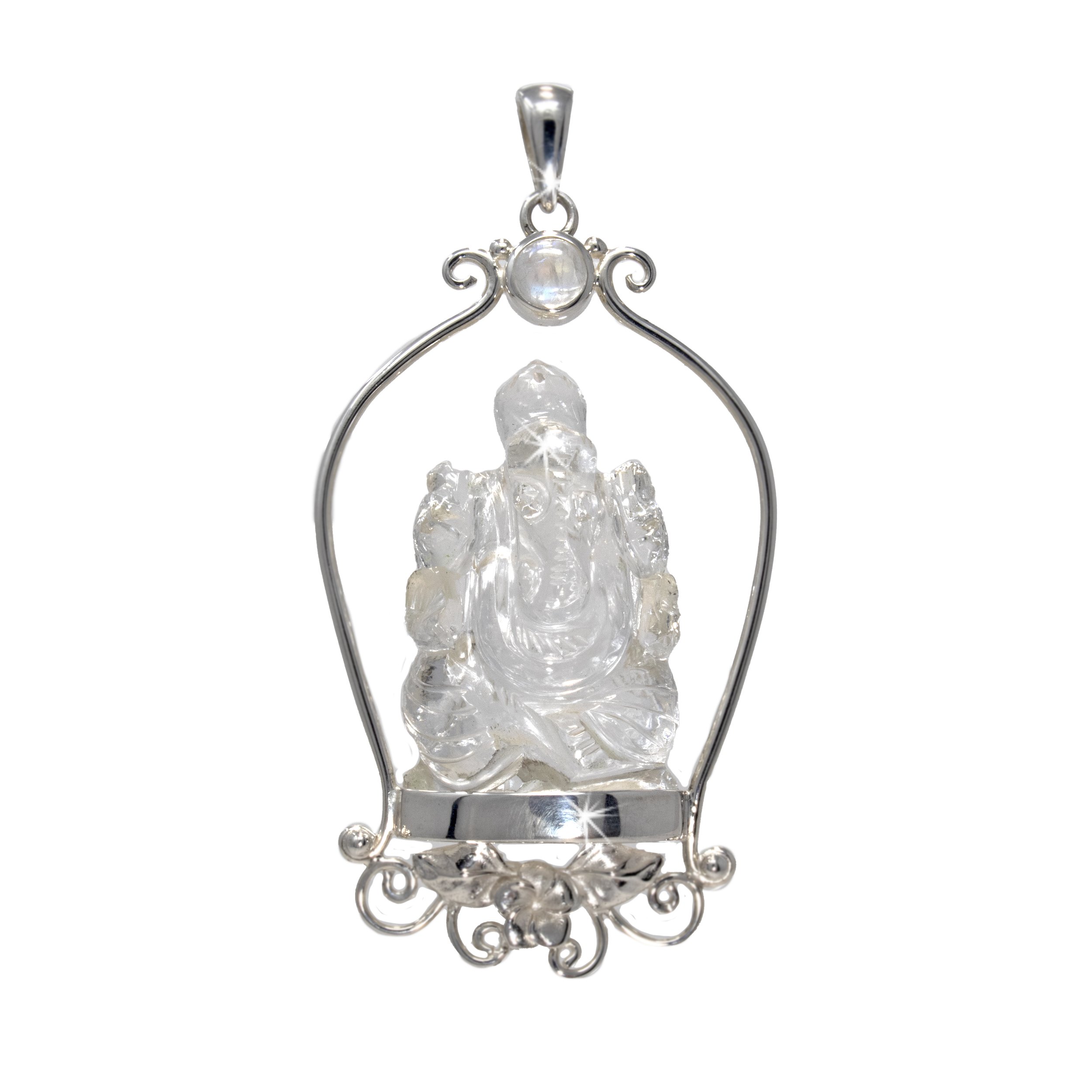 Carved Ganesha Quartz Pendant With Round Rainbow Moonstone Cabochon Set On Silver Perch With Leaves & Filigree On Bottom