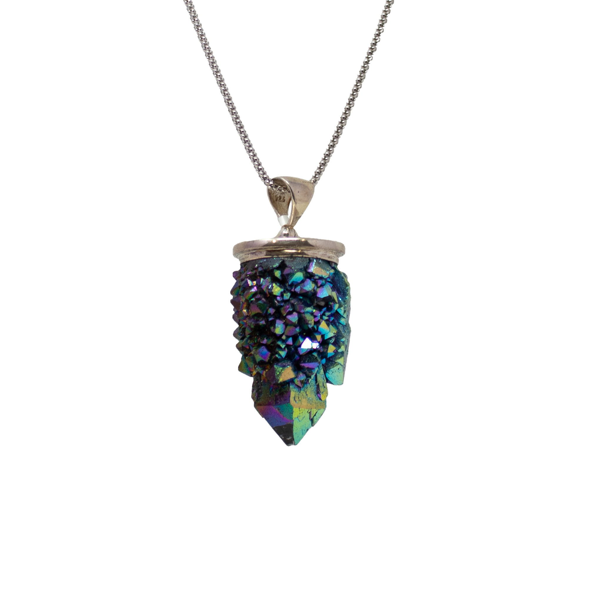 Ignite your spirit with our mesmerizing Spirit Quartz Pendant—a dazzling crystal point adorned with rainbow titanium druzy for an enchanting, prismatic gleam. Set in an elegant 925 sterling silver lantern-style bezel, this unique gemstone pendant blends ethereal beauty with celestial energy. Perfect for those drawn to mystical jewelry, the pendant showcases natural Spirit Quartz, celebrated for elevating intuition and harmony. Spirit Quartz Pendant - Crystal Point With Rainbow Titanium Druze & Silver Step Lantern Top Bezel