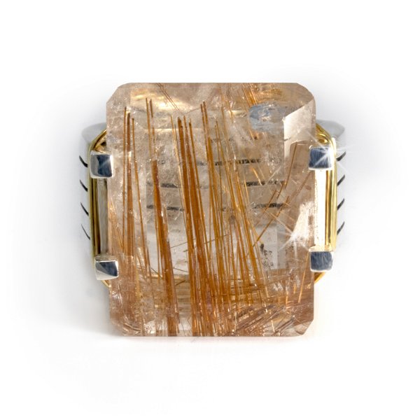 Closeup photo of Faceted Golden Rutile Quartz Ring - Rectangular Facet - Prong Set In Sleek Industrial Design Band With 24k Gold Vermeil Wire Wrap Size 9.5