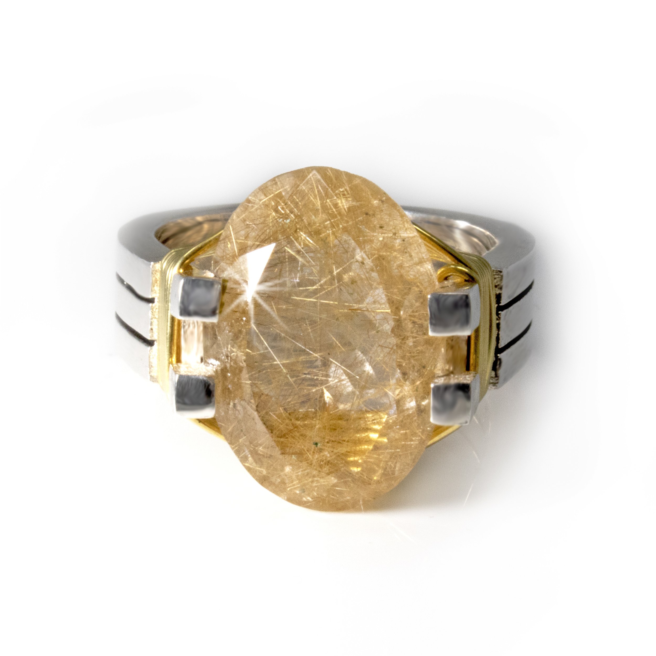 Faceted Golden Rutile Quartz Ring - Oval Prong Set In Sleek Industrial Design Band With 24k Gold Vermeil Wire Wrap Size 8