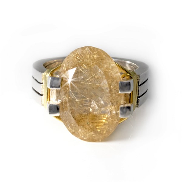 Closeup photo of Faceted Golden Rutile Quartz Ring - Oval Prong Set In Sleek Industrial Design Band With 24k Gold Vermeil Wire Wrap Size 8