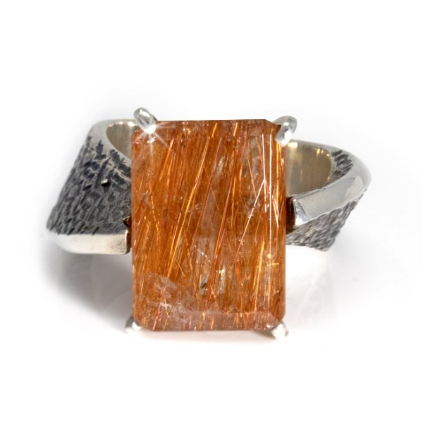 Closeup photo of Faceted Golden Rutile Quartz Ring - Simple Rectangle Prong Set On Twisted Band With Stamped Detail & Oxidized Finish Size 8