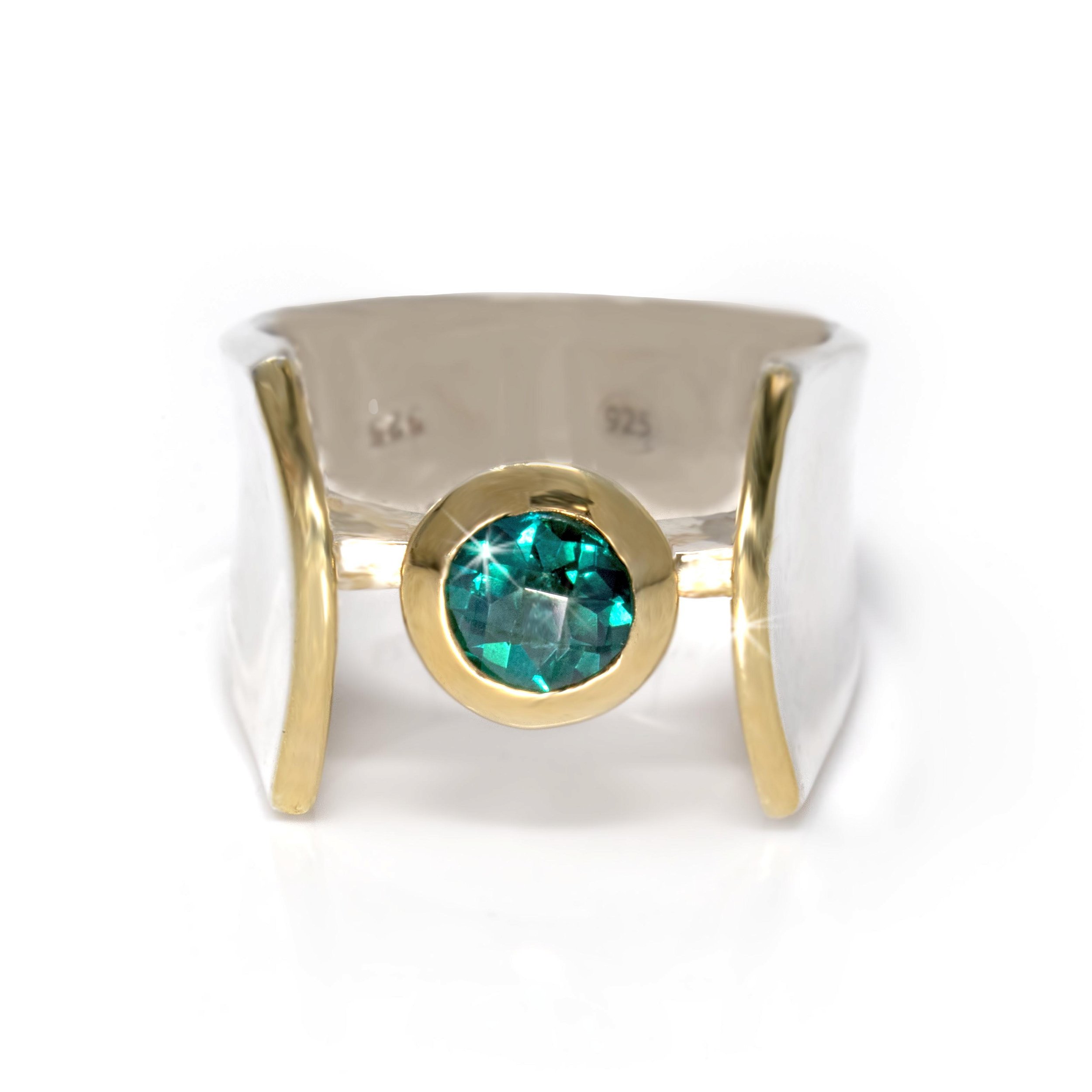 Green Tourmaline Ring Size 8 - Faceted Round Set With Gold Vermeil Bezel In Raised Open Band - Gold Vermeil Accents