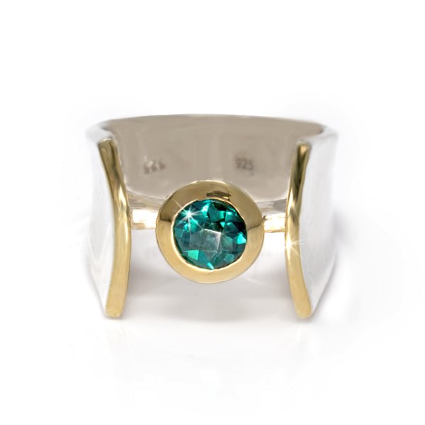 Closeup photo of Green Tourmaline Ring Size 8 - Faceted Round Set With Gold Vermeil Bezel In Raised Open Band - Gold Vermeil Accents