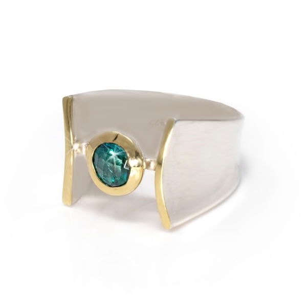 Closeup photo of Green Tourmaline Ring Size 8 - Faceted Round Set with Gold Vermeil Bezel in Raised Open Band - Gold Vermeil Accents