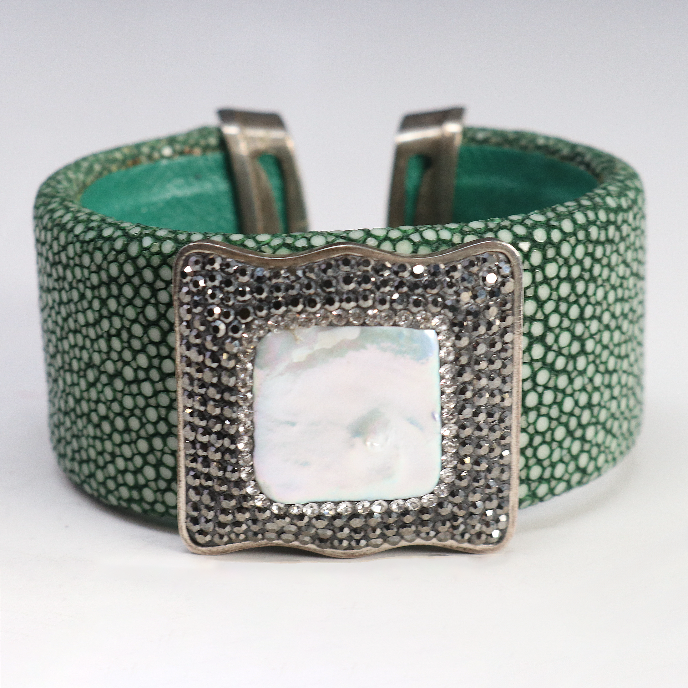 Coin Pearl Cuff on Green Shagreen Leather - Square with Marcasite & White Swarovski Crystal Pave Bezel Set on Wide Green Leather Band