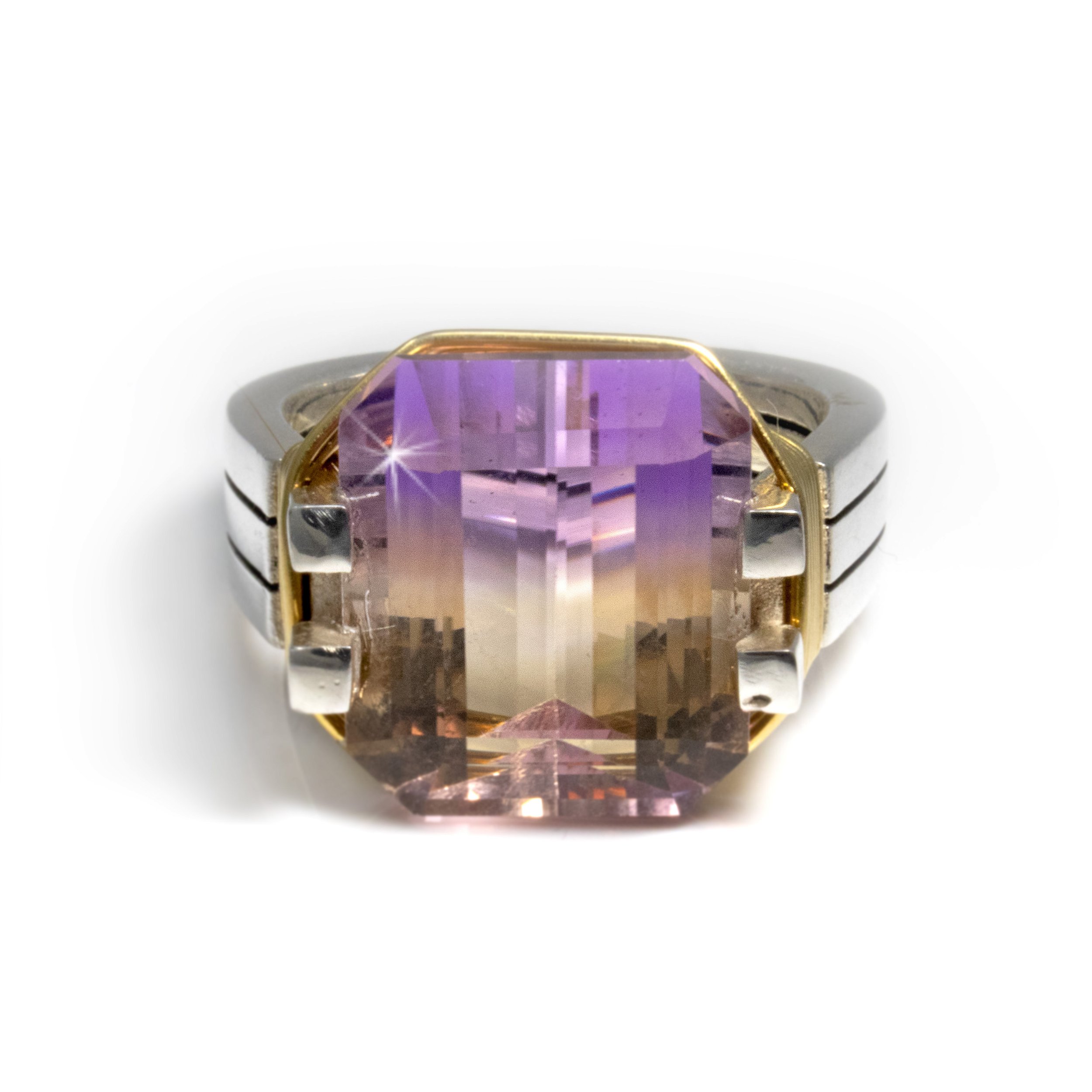 Ametrine Ring - Emerald Cut Ametrine Prong Set In Sleek Industrial Design Band With Gold Vermeil Wire Wrap Size 7