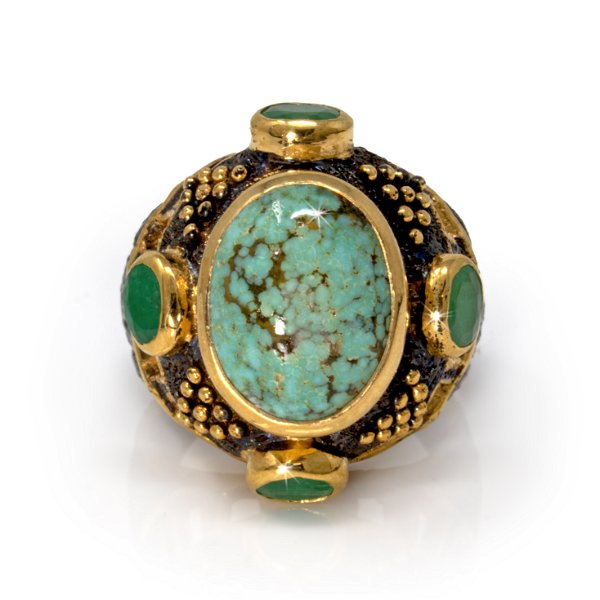 Closeup photo of Persian Turquoise Ring Size 8.5 - Cambered Oval With 4 Faceted Emerald Ovals With Gold Vermeil Bezels On Persian Esque Stamped Sterling Silver Oxidized Band With Gold Beading & Raised Band With Cutouts