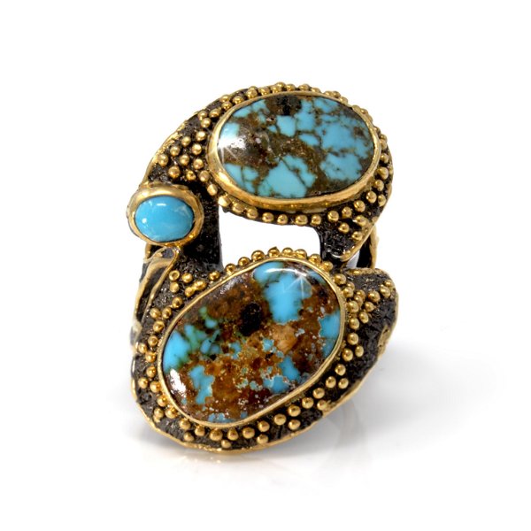 Closeup photo of Persian Turquoise Ring Size 7.5 - 3 Ovals With Gold Vermeil Bezels With Beaded Edge Set On Organic Flowing Oxidized Sterling Silver Band With Rounded Cutouts & Gold Vermeil Detailing