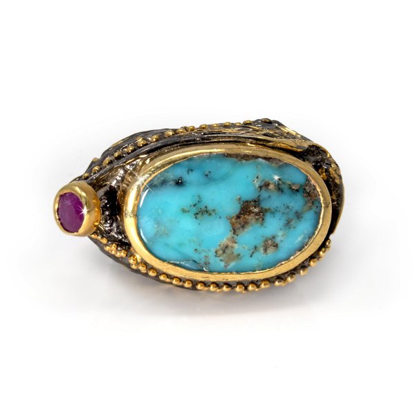 Closeup photo of Persian Turquoise Ring Size 8.5 - Flat Cut Oval & Faceted Ruby Round With Gold Vermeil Bezels & Beading On Ornate Oxidized Sterling Silver Band With Flying Crane Design & Gold Vermeil Accents