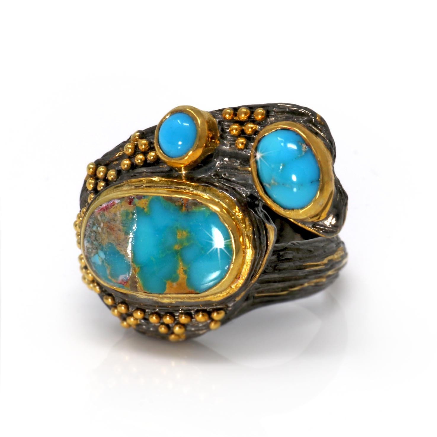 Persian Turquoise Ring Size 7.5 - 2 Oval Cabochons & 1 Round Cabochon With Gold Vermeil Bezels & Beading On Branching Wood Grain Stamped Oxidized Sterling Silver Band With Gold Accents