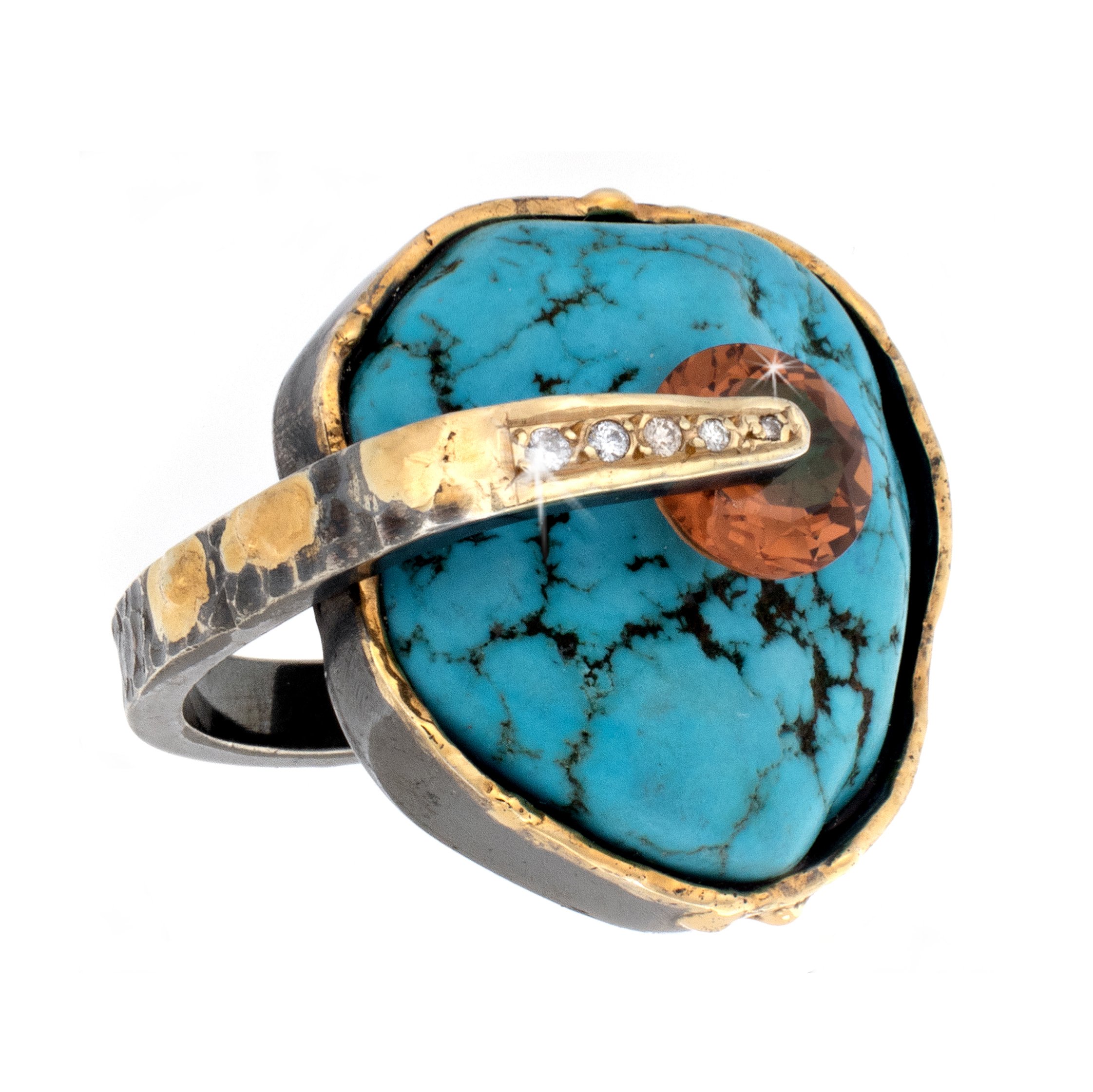 Chinese Turquoise Ring Size 9 - Nugget With Faceted Brilliant Zultanite Set Above With Oxidized Sterling Silver Arm Descending Pave 5 Diamonds - Hammered Oxidized Sterling Silver Band With Gold Vermeil Accents