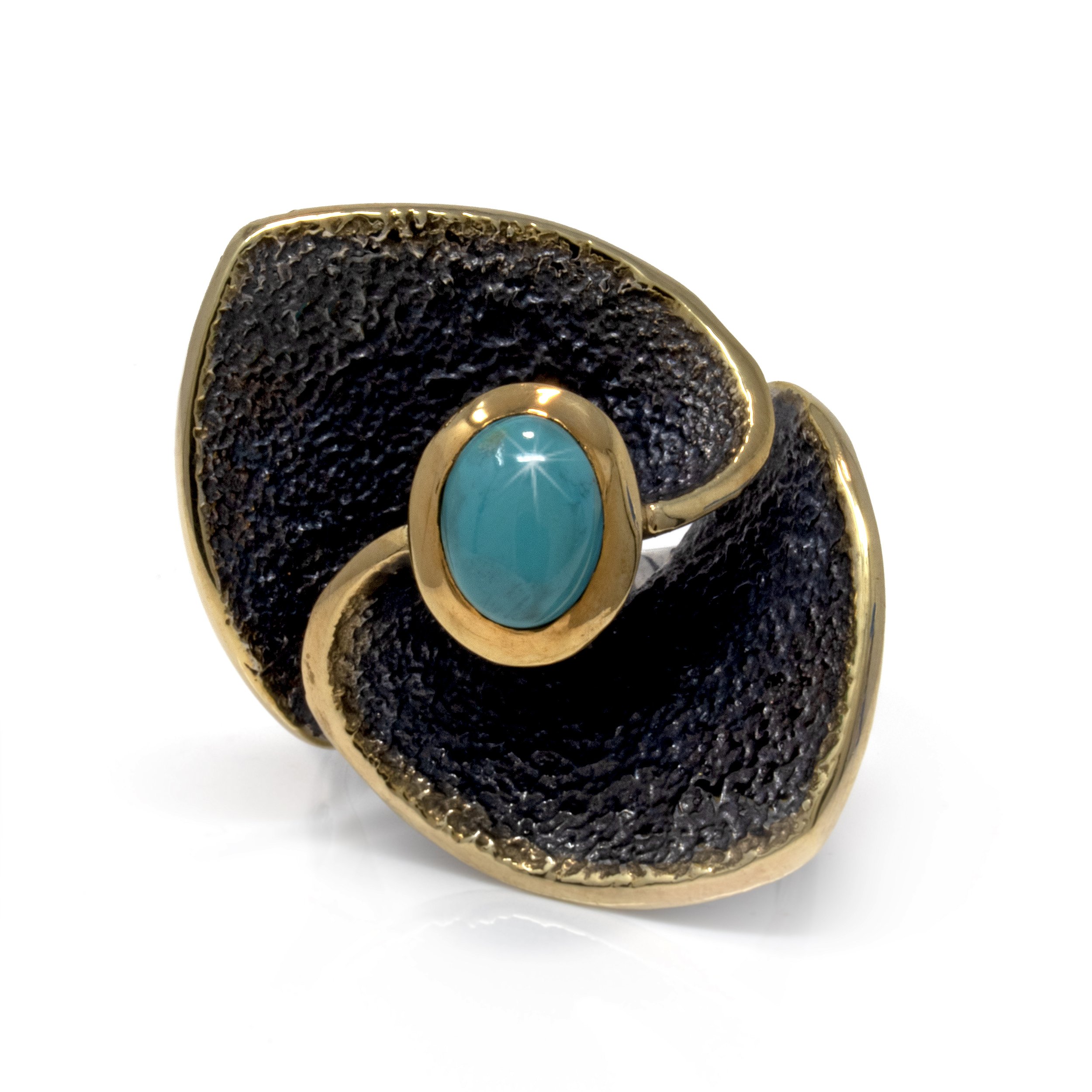 New Mexico (Campositos) Turquoise Ring - Oval Cabochon Set On Textured Oxidized Sterling Silver Flower Petal Band Top With Gold Vermeil Accents Size 9.5