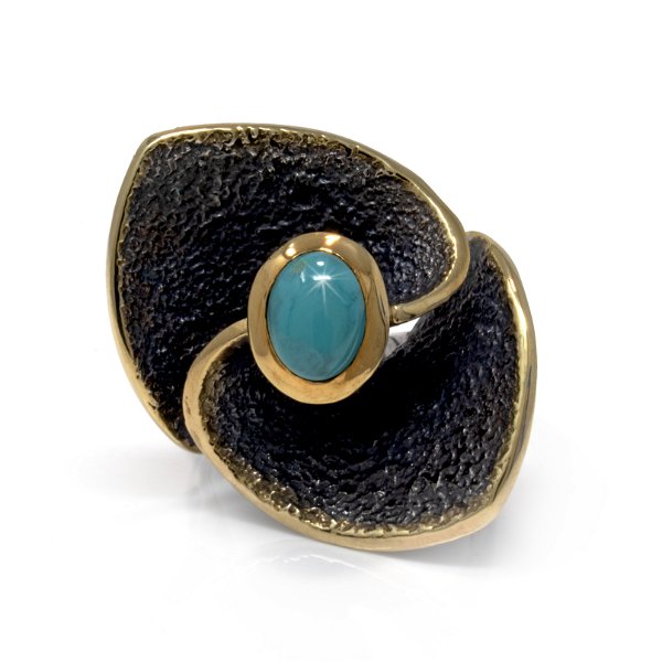 Closeup photo of New Mexico (Campositos) Turquoise Ring - Oval Cabochon Set On Textured Oxidized Sterling Silver Flower Petal Band Top With Gold Vermeil Accents Size 9.5