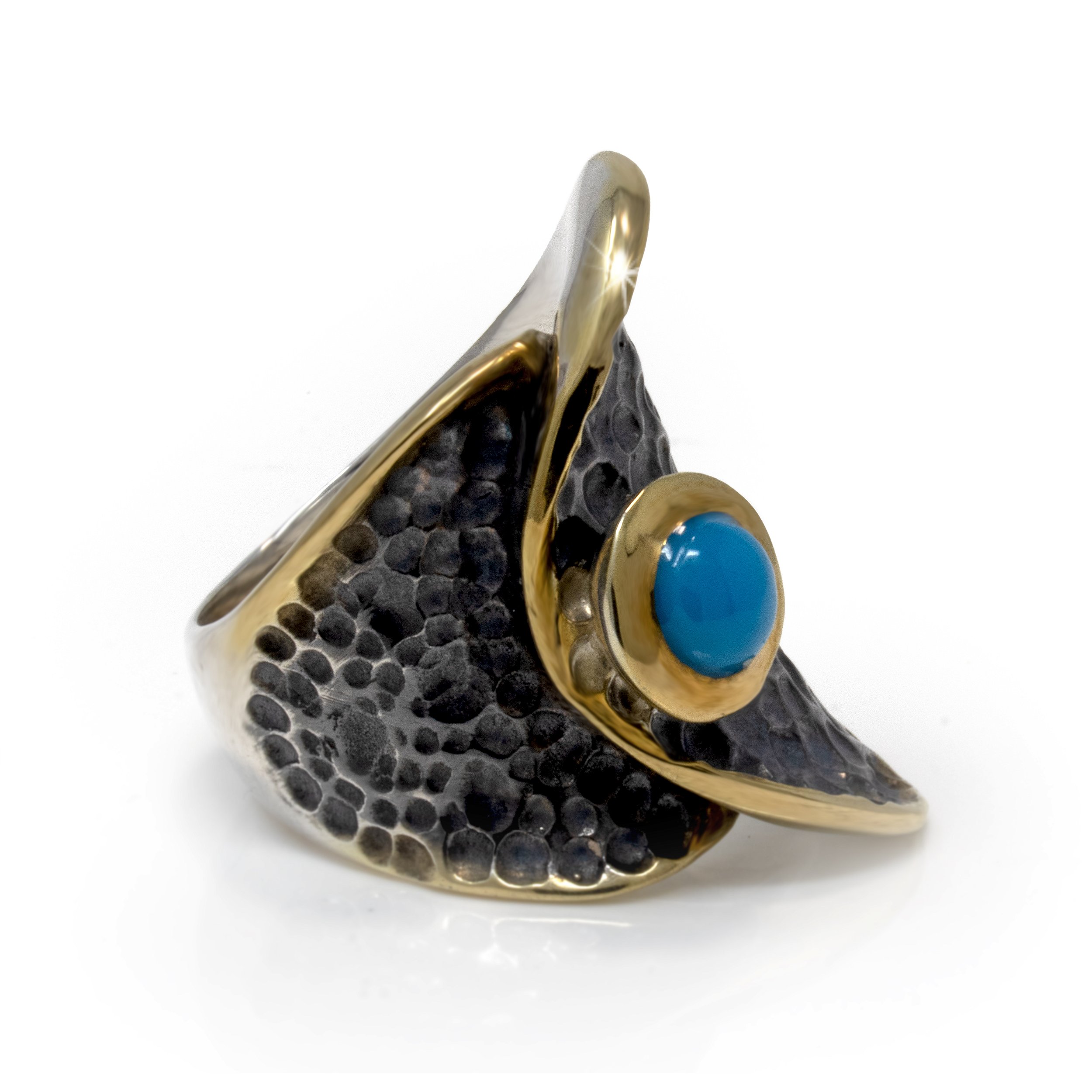 New Mexico (Campositos) Turquoise Ring - Round Cabochon With Gold Vermeil Bezel Set On Hammered Oxidized Band With "Falling Leaf" Folded Design - Gold Vermeil Size 7