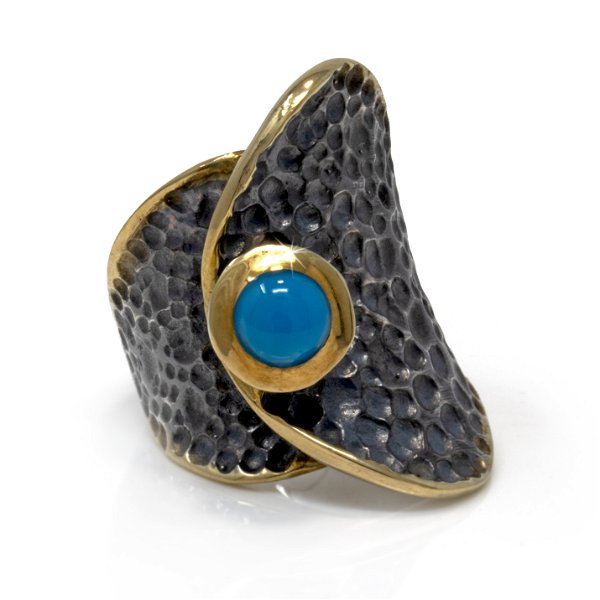 Closeup photo of New Mexico (Campositos) Turquoise Ring - Round Cabochon With Gold Vermeil Bezel Set On Hammered Oxidized Band With "Falling Leaf" Folded Design - Gold Vermeil Size 7