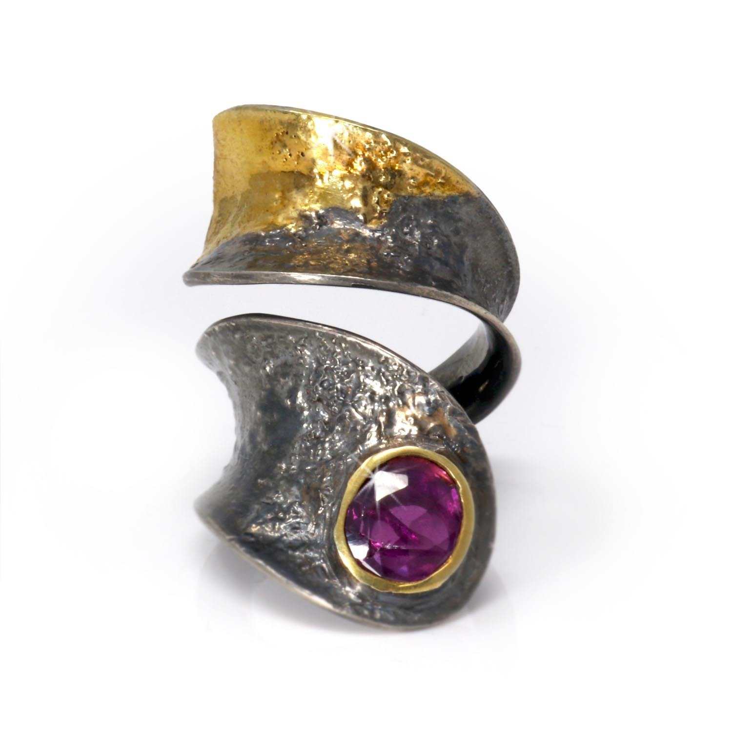 Faceted Pink Tourmaline Ring Size 8 - Freeform With Gold Vermeil Bezel On Swirling Contoured Oxidized Sterling Silver Band With Gold Leaf Accents