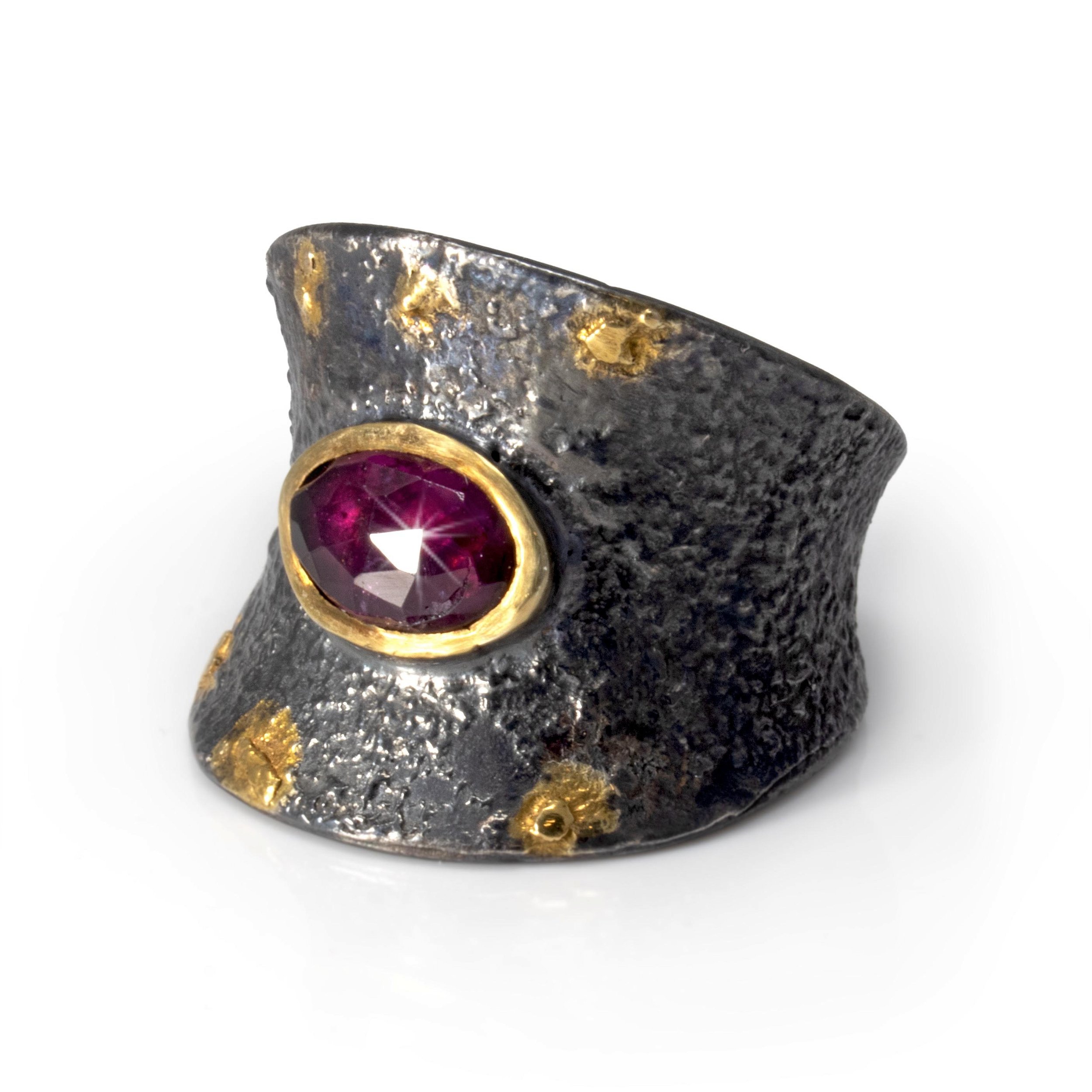 Faceted Pink Tourmaline Ring Size 7.5 - Oval With Gold Vermeil Bezel On Tapered & Contoured Stamped Oxidized Sterling Silver Band With Gold Leaf Accents