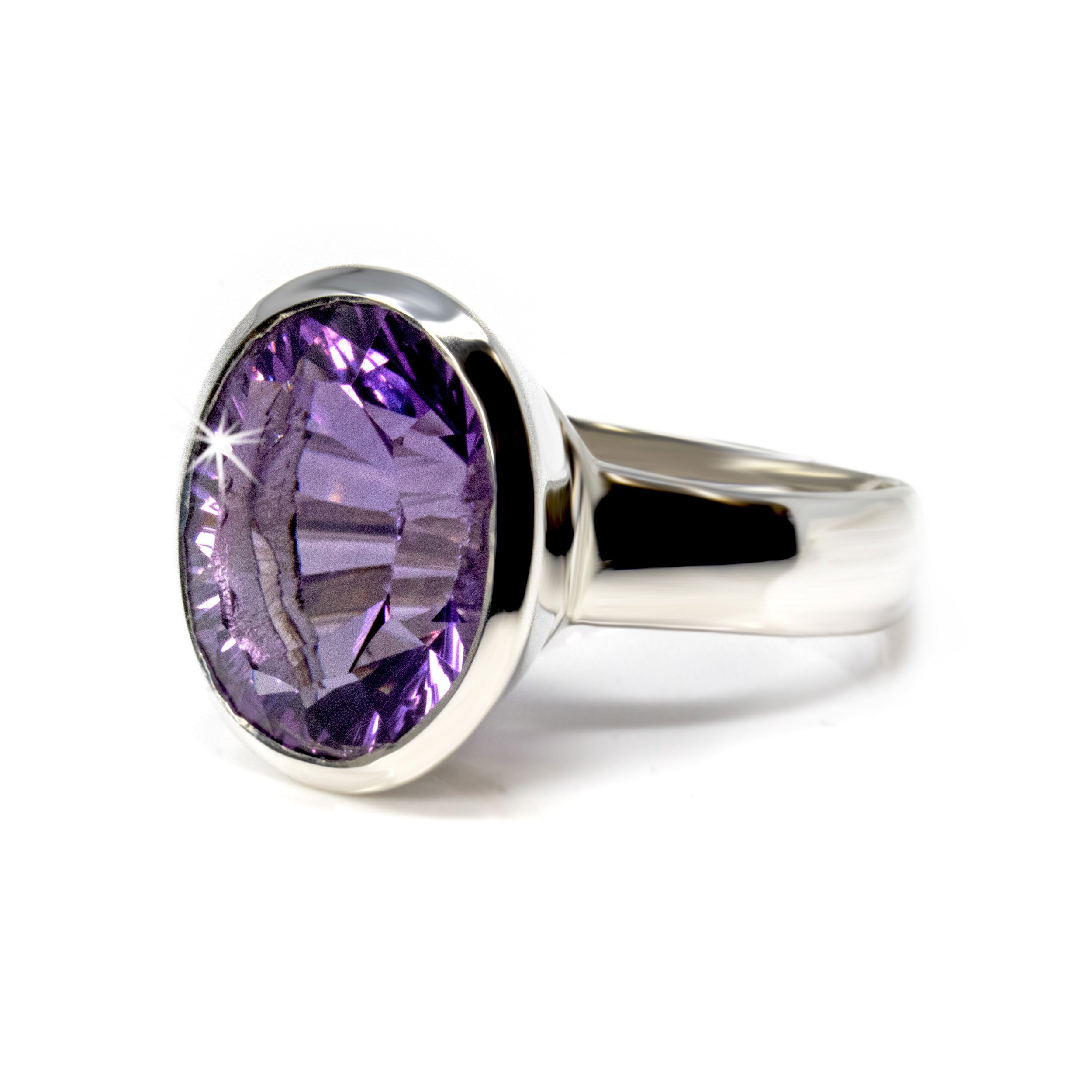 Faceted Amethyst Ring - Oval With Tall Tapered Silver Bezel & Laser Cut Facet Size 10