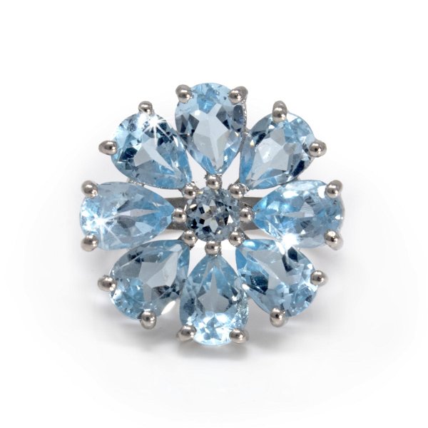 Closeup photo of Faceted Blue Topaz Daisy Ring Size 10 - 8 Pears Prong Set With 1 Round In Center