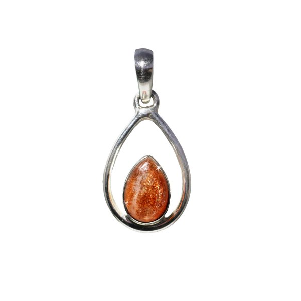 Closeup photo of Sunstone Pendant - Dainty Pear Cabochon Set In Open Sterling Silver Frame