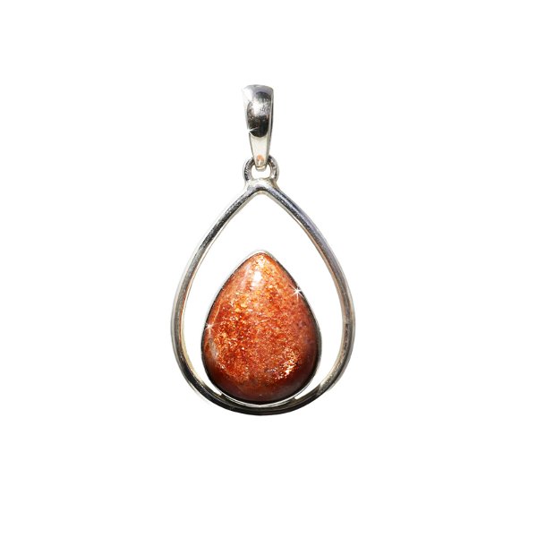 Closeup photo of Sunstone Pendant - Pear Cabochon Set In Open Sterling Silver Frame