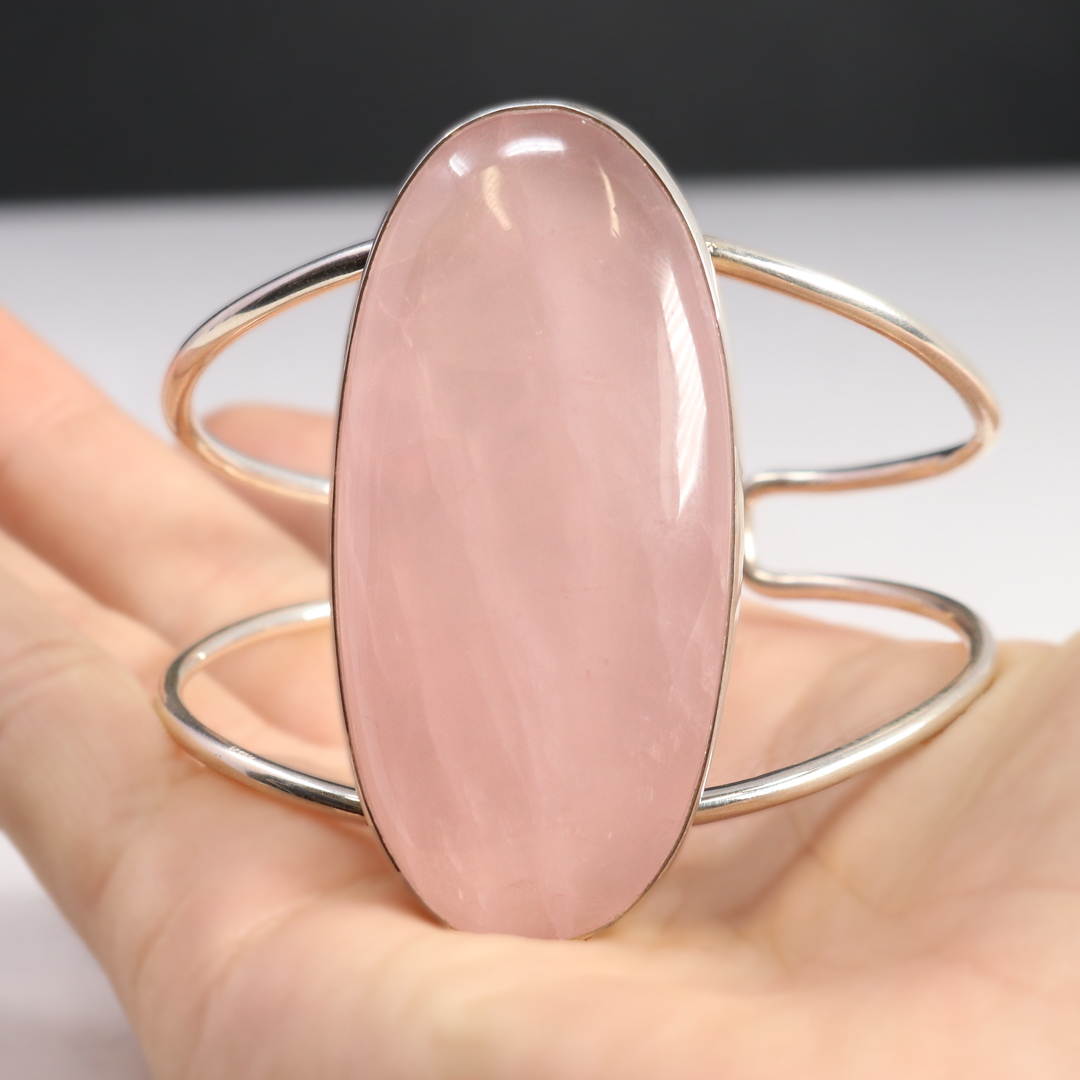 Rose Quartz Cuff - Elongated Oval Cabochon with Silver Bezel on Open Double Band