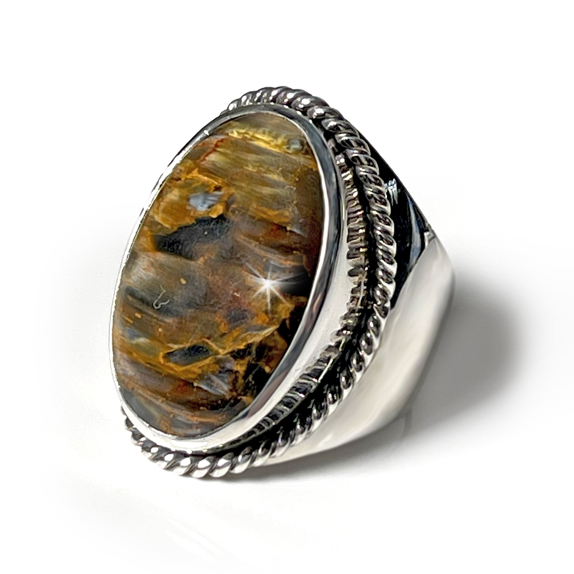 Pietersite Ring Size 11- Oval Cabochon On Raised Silver Bezel With Rope Stamped Edge On Tapered Wide Band