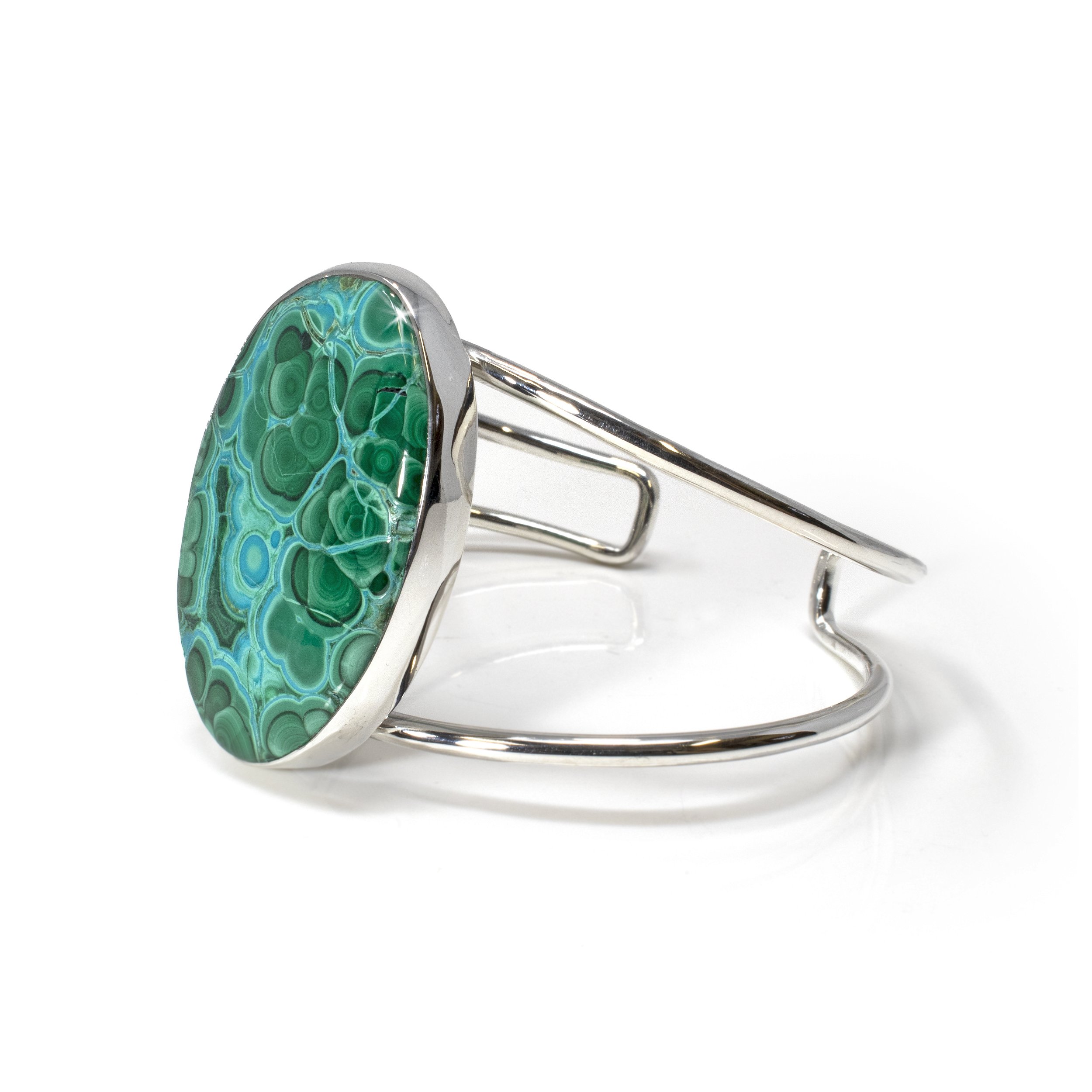 Chrysocolla Malachite Cuff Bracelet - Oval Cabochon With Simple Silver Bezel On Open Double Band