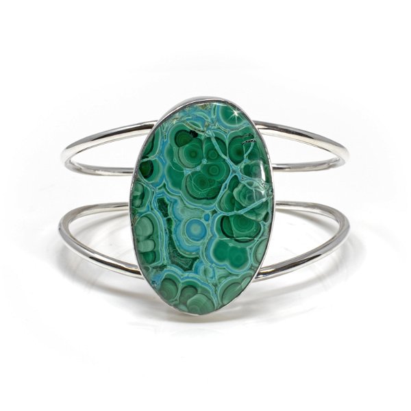 Closeup photo of Chrysocolla Malachite Cuff Bracelet - Oval Cabochon With Simple Silver Bezel On Open Double Band