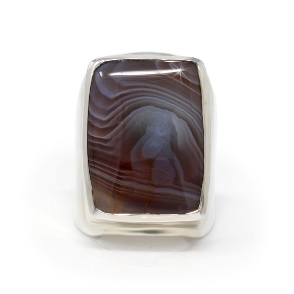 Closeup photo of Botswana Agate Ring Size 10 - Rectangle Cabochon With Raised Silver Bezel On Tapered Wide Band