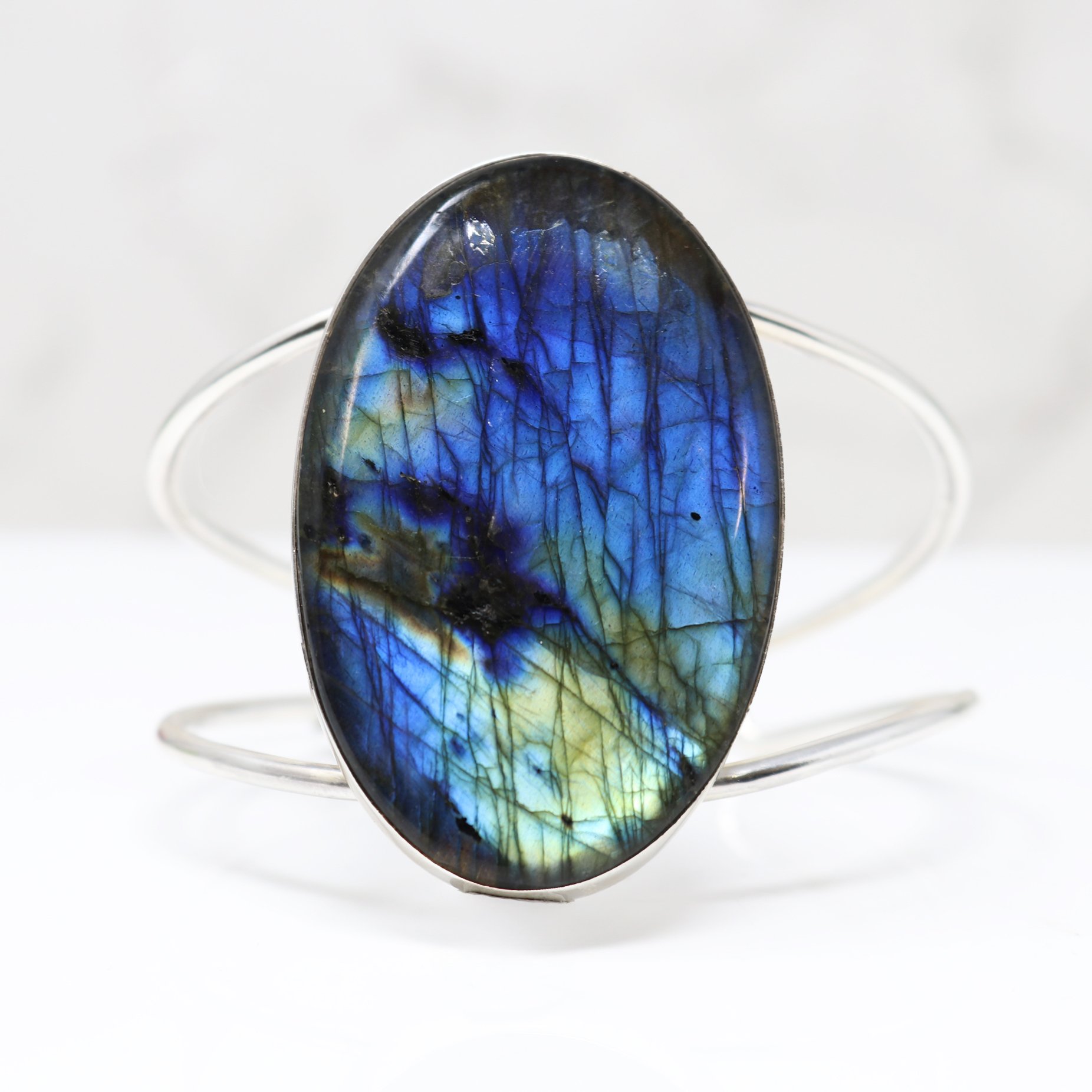 Labradorite Cuff - Large Oval Cabochon With Simple Silver Bezel On Open Double Band