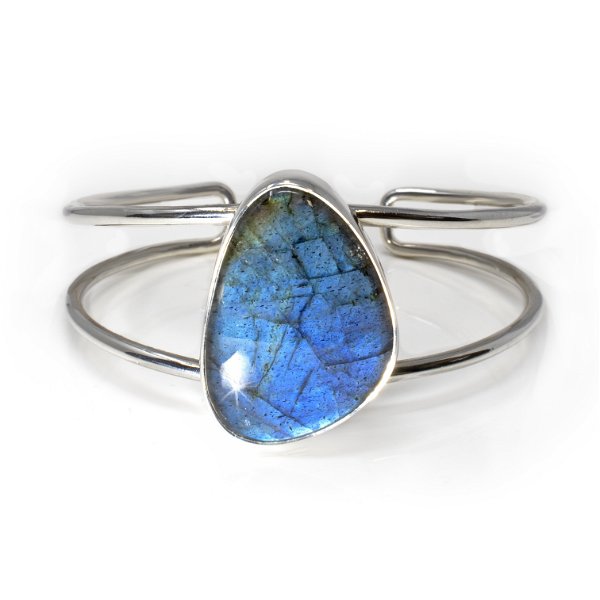 Closeup photo of Labradorite Cuff Bracelet - Simple Freeform Cabochon With Silver Bezel On Open Double Band