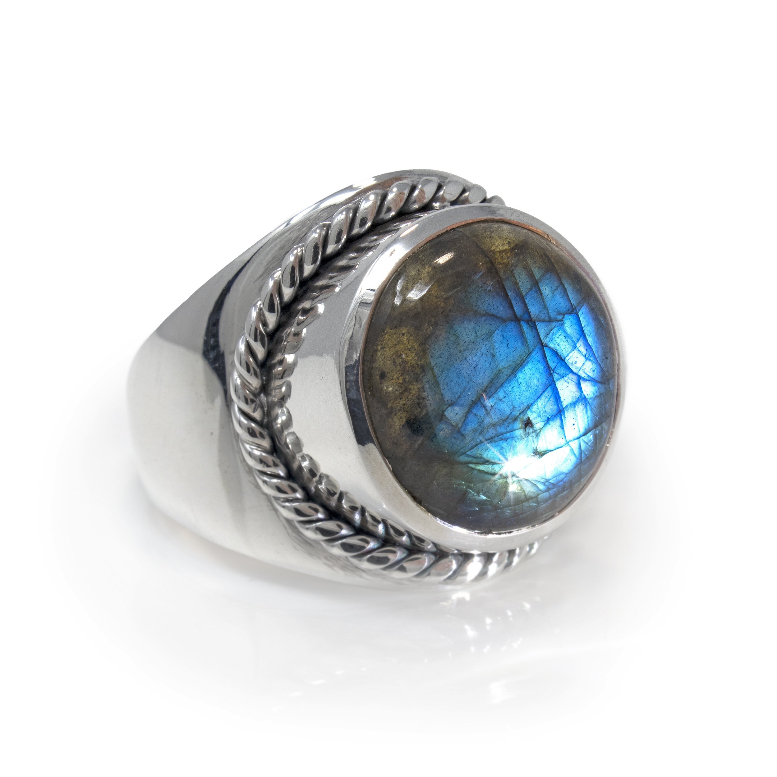 Labradorite Ring - Round Cabochon With Raised Bezel With Stamped Rope Edge On Tapered Wide Band Sz11