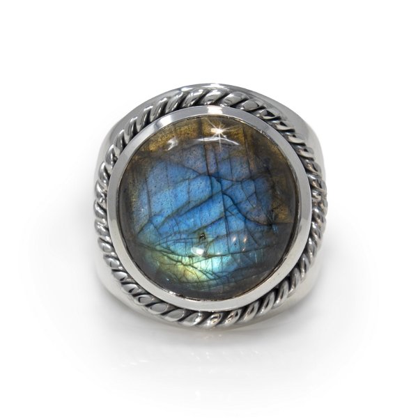 Closeup photo of Labradorite Ring - Round Cabochon With Raised Bezel With Stamped Rope Edge On Tapered Wide Band Sz11