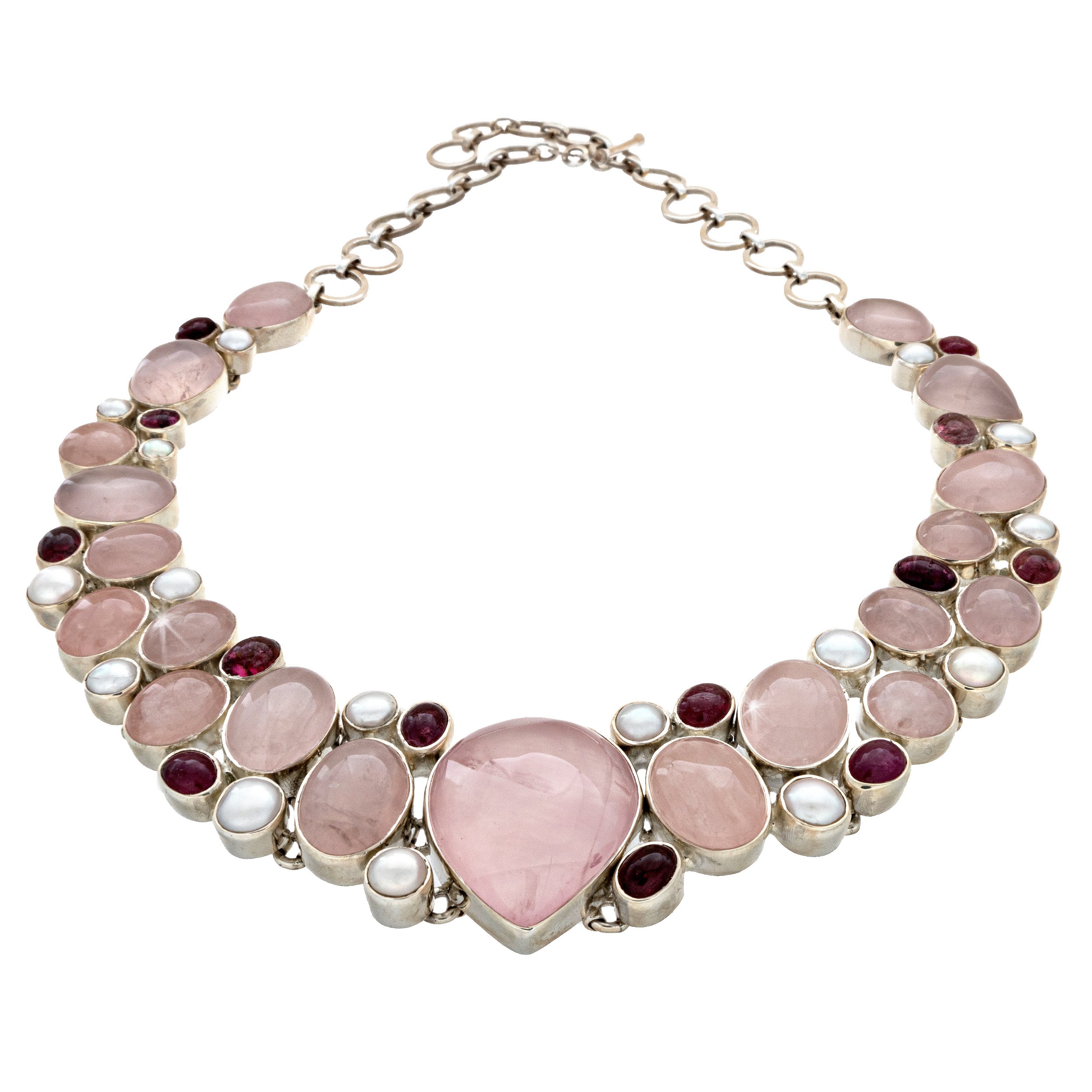 Rose Quartz Collar Necklace - Pear Cabochon Centerpiece & Oval Cabochons With Freshwater Pearls & Pink Tourmaline Oval Cabochons Matrix With Silver Bezels - Toggle Clasp