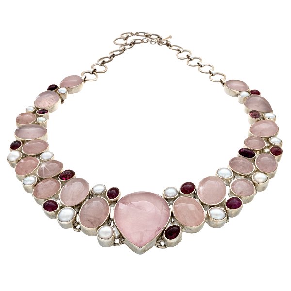 Closeup photo of Rose Quartz Collar Necklace - Pear Cabochon Centerpiece & Oval Cabochons With Freshwater Pearls & Pink Tourmaline Oval Cabochons Matrix With Silver Bezels - Toggle Clasp
