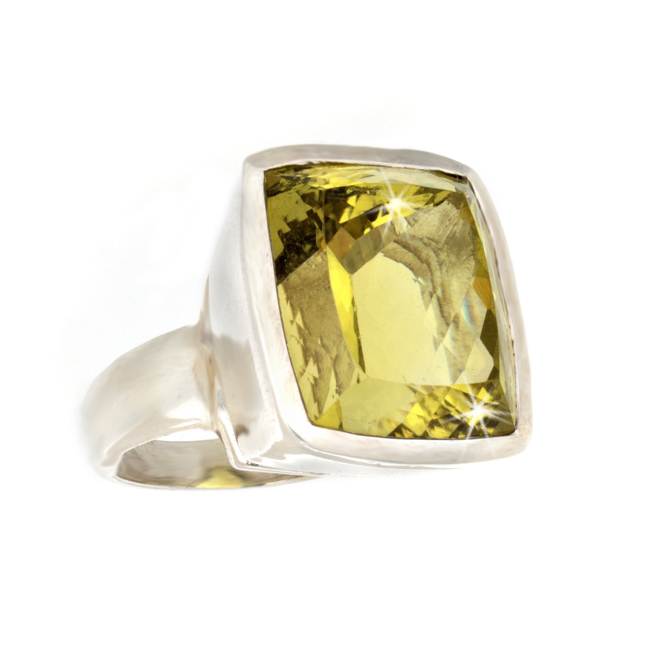 Lemon Quartz Ring Size 8 - Faceted Rectangle With Tall Silver Bezel & Simple Band