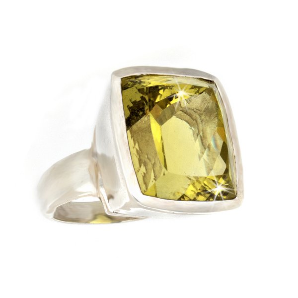 Closeup photo of Lemon Quartz Ring Size 8 - Faceted Rectangle With Tall Silver Bezel & Simple Band