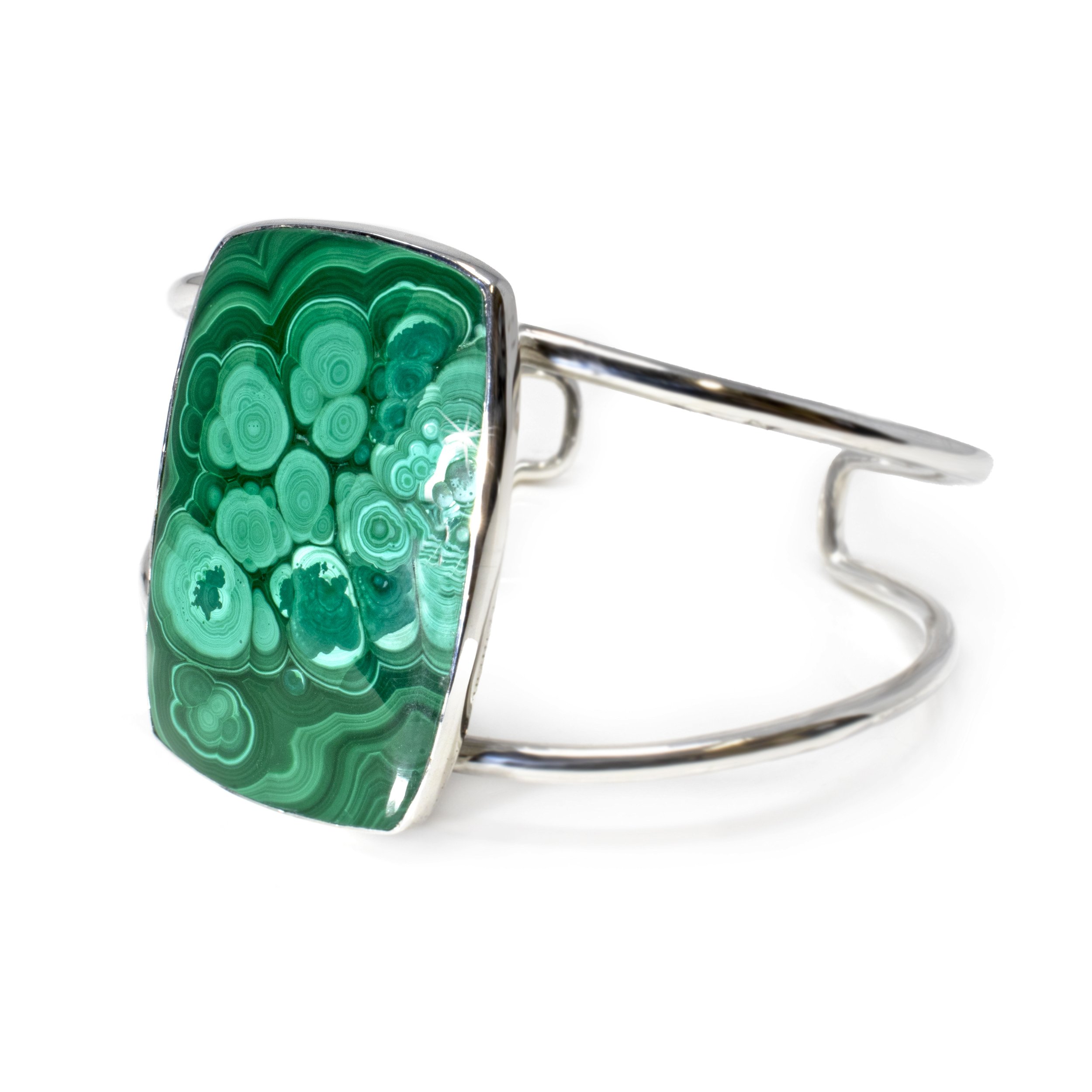Malachite Cuff Bracelet - Tapered Rectangle Cabochon With Simple Silver Bezel On Open Double Band - Dense Cloud-like Green Banding