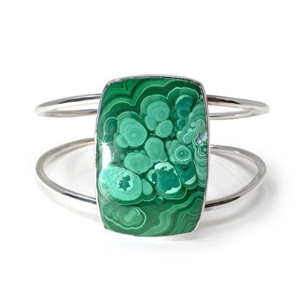 Closeup photo of Malachite Cuff Bracelet - Tapered Rectangle Cabochon With Simple Silver Bezel On Open Double Band - Dense Cloud-like Green Banding