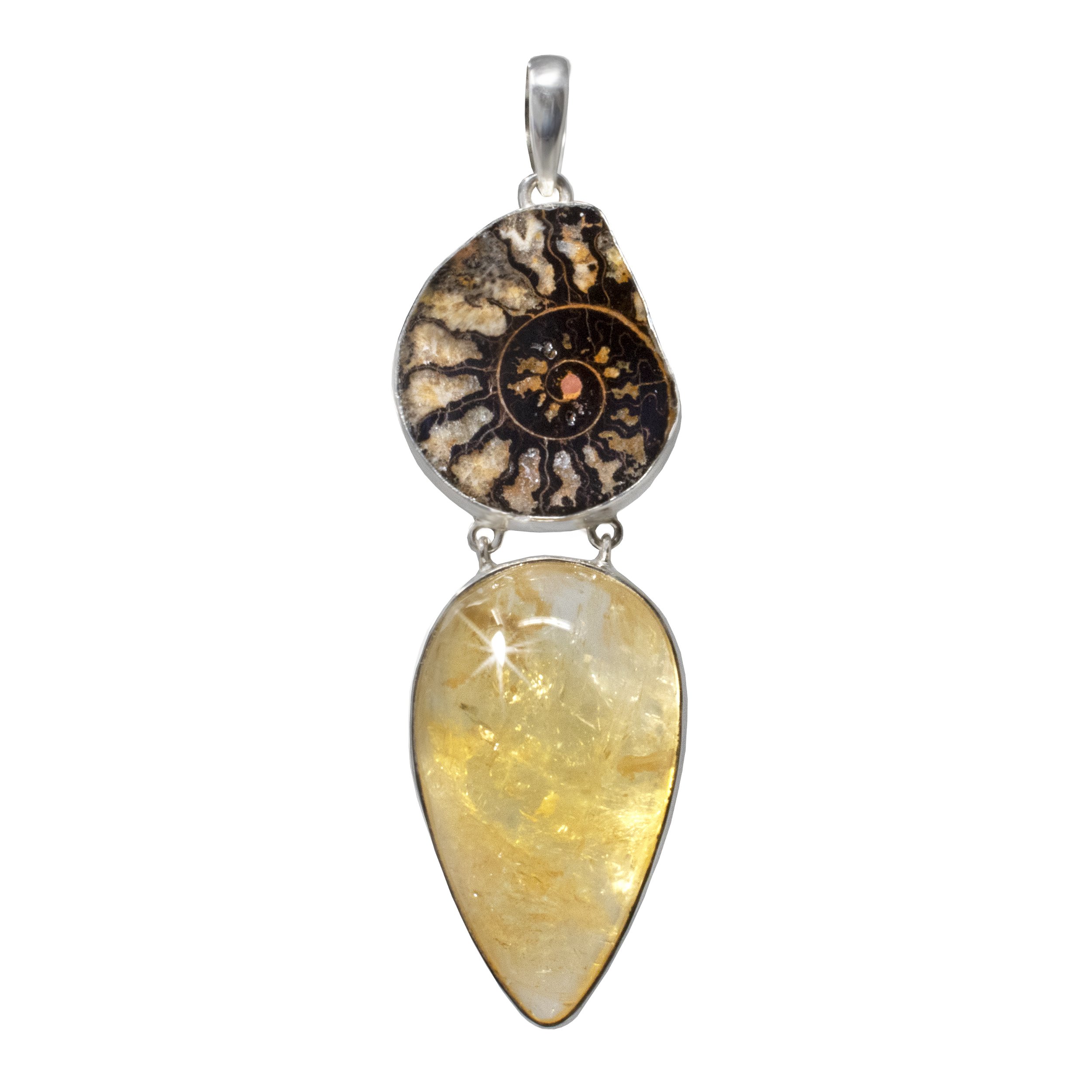 Citrine Pendant - Cambered Reverse Pear Cabochon Paired With Ammonite Slice With Deep Mocha & Beige Sutures With Silver Bezels